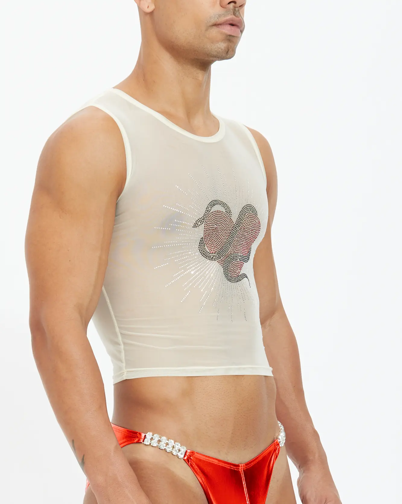 Poison Rhinestone Mid Crop Tank Top - Nude Sheer - Image 3